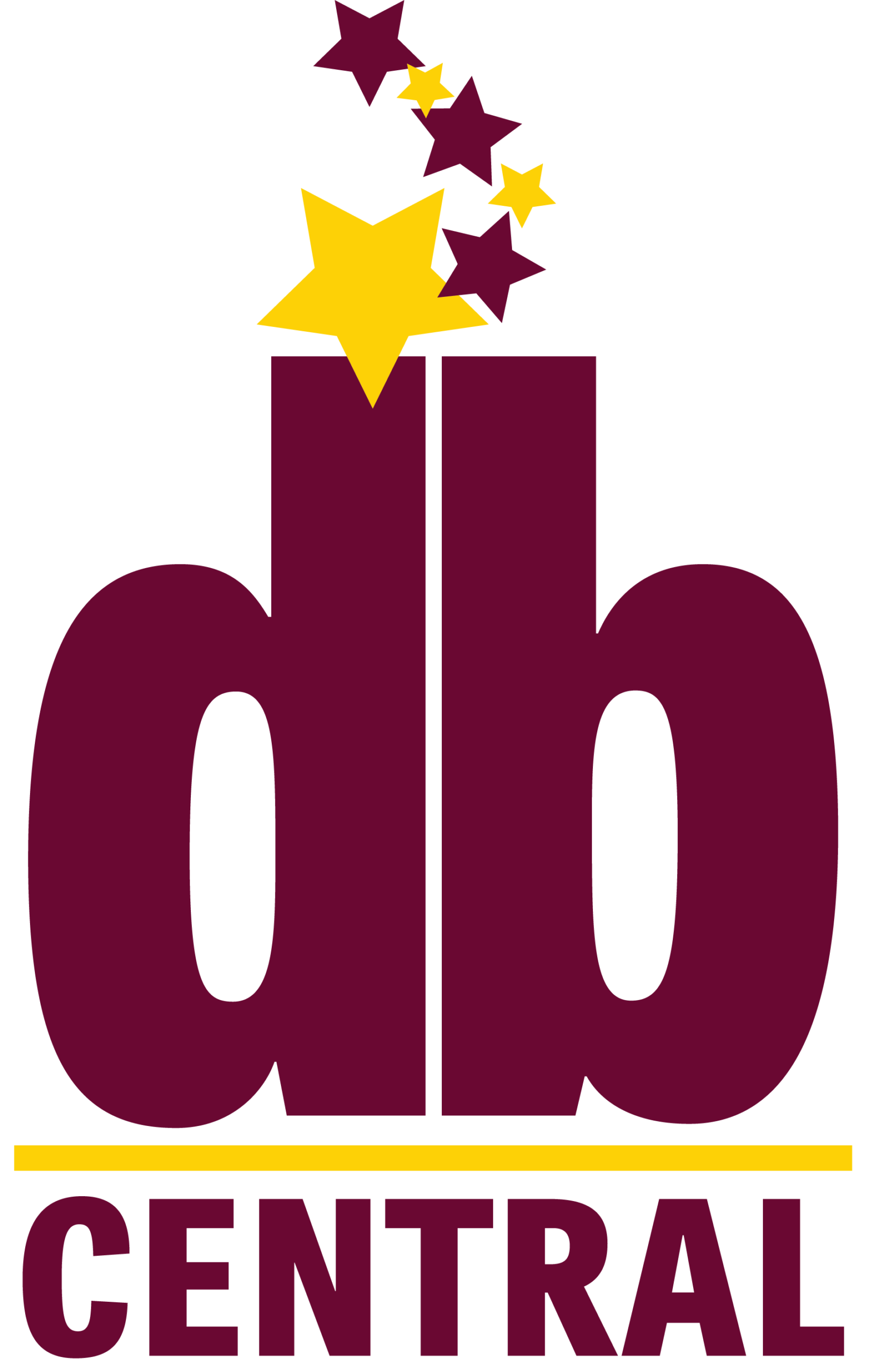 Logo showing oversized maroon letters spelling 'CENTRAL' with a horizontal yellow bar above and a cascade of maroon and yellow stars shooting upward from a yellow star at the top.